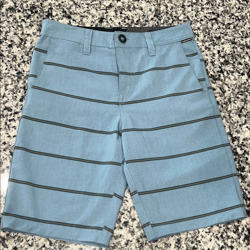 Volcom size 27/14Y Blue Striped Flat-Front Shorts Frickin SNT Mix